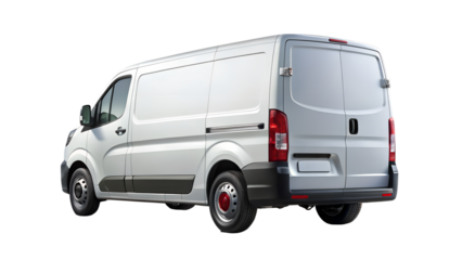 Rear view of a white cargo van parked, isolated on transparent background, ideal for logistics, delivery, or commercial use