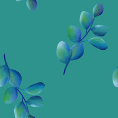 Beautiful blue and green eucalyptus on green background, seamless floral botanical pattern. Digital watercolor