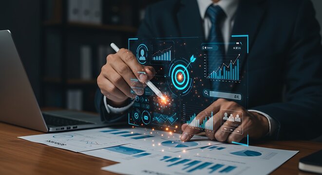 Businessman using a futuristic holographic dashboard for data analysis, focusing on business growth targets and market strategy. Technology concept
