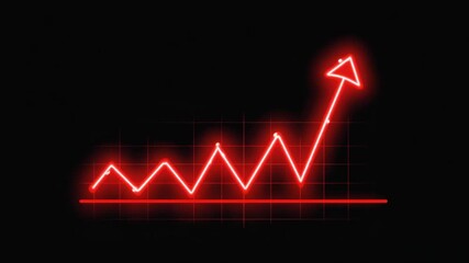 Neon red graph line arrow rising upwards on black background showing growth and success chart HD video.	

