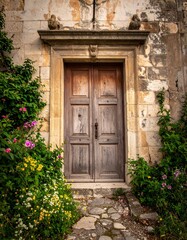 Weathered Wooden Door in a Stone Building Entrance, Old World Charm and Floral Beauty, A Captivating Entrance of Historical Architecture