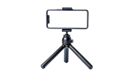 Smartphone mounted on a small black tripod, isolated on transparent background