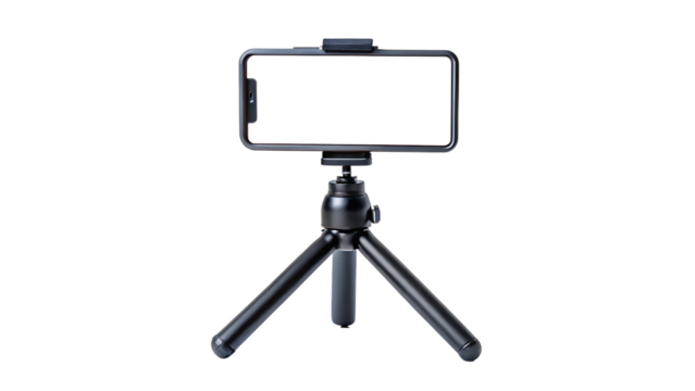 Smartphone mounted on a small black tripod, isolated on transparent background