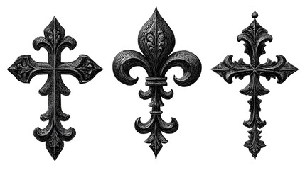 Set of three ornate gothic crosses rendered in aged black metal with textured finish, aligned in rising diagonal composition, isolated on transparent background 