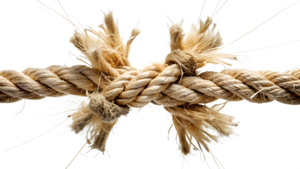 Closeup of a frayed rope that is about to break, symbolizing stress, tension, and fragility, isolated on transparent background