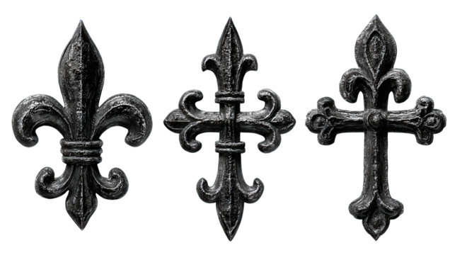 Set of three ornate gothic crosses rendered in aged black metal with textured finish, aligned in rising diagonal composition, isolated on transparent background
