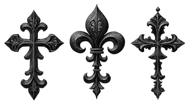 Set of three ornate gothic crosses rendered in aged black metal with textured finish, aligned in rising diagonal composition, isolated on transparent background
