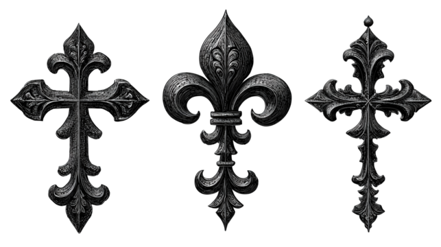 Set of three ornate gothic crosses rendered in aged black metal with textured finish, aligned in rising diagonal composition, isolated on transparent background
