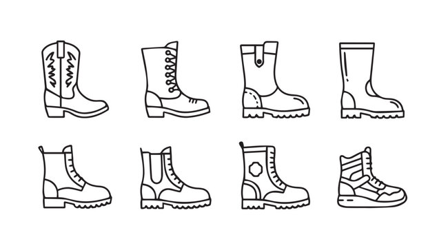 Collection of diverse boot styles outline set for fashion and footwear design projects vector