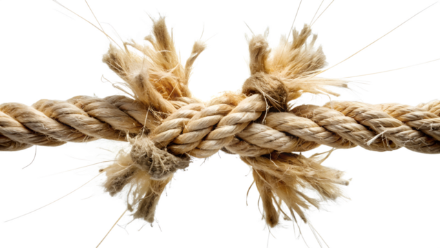 Closeup of a frayed rope that is about to break, symbolizing stress, tension, and fragility, isolated on transparent background