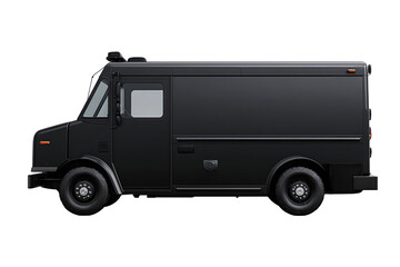 Matte black utility van with defined panel seams, roof beacon, and sturdy wheels featuring gray hubs, compact and functional, isolated on transparent background
