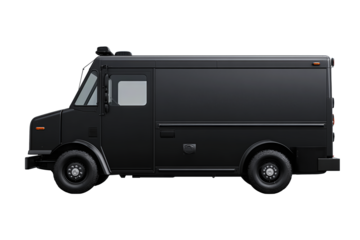 Matte black utility van with defined panel seams, roof beacon, and sturdy wheels featuring gray hubs, compact and functional, isolated on transparent background
