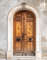 Antique Wooden Door with Stone Archway in Old Building, Ornate Carved Door in Aged Building with Intricate Stone Details