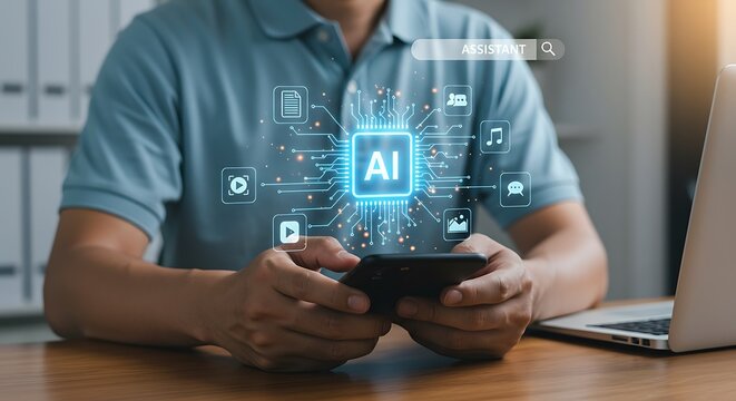 A man uses his smartphone to interact with a powerful AI assistant, managing tasks, data, and media through a futuristic virtual interface