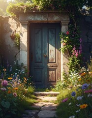 Enchanting Garden Doorway with Blooming Flowers, Secret Garden Gate with Stone Path and Lush Floral Surroundings