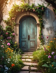 Enchanted Garden Doorway, A whimsical garden gate framed by vines and flowers beckons the viewer into a world of natural beauty
