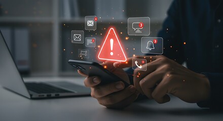Man holding a phone with a futuristic holographic interface showing a critical error warning, spam notifications, and important security alerts