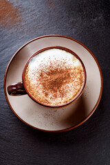 Cappuccino with rich foam and cocoa powder encouraging educational interest in culinary craftsmanship and promoting sustainable coffee practices
