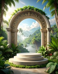 Elevated Product Display Amidst Lush Jungle, Serene Paradise with an Ornate Archway and Mountain Views