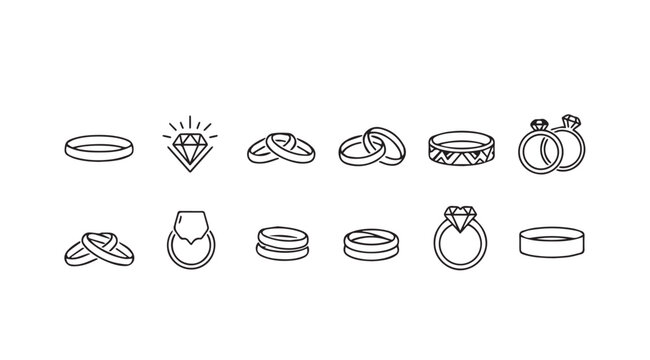 Collection of hand-drawn engagement rings and wedding bands celebrating love and commitment vector