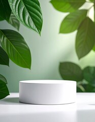 Elegant White Product Display Platform Surrounded by Vibrant Green Foliage, Minimalist Product Showcase with Lush Greenery Against a Serene Backdrop