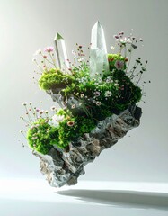 Floating Island Paradise: Crystalline Gems and Blossoming Flora Suspended in Serenity, A Botanical Sanctuary: Crystals and Vibrant Flowers on a Levitating Rock Formation