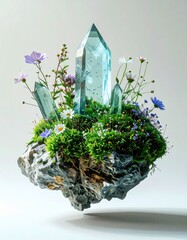Floating Island of Crystals, Moss, and Flowers, A Dreamy Composition Featuring Crystals and Nature in Perfect Harmony