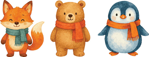 Collection of watercolor painted vector winter animals with scarfs