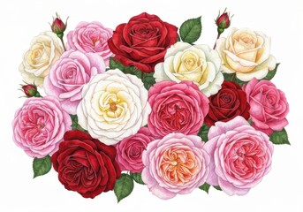 Fototapeta premium Beautiful Arrangement of Various Roses with Vibrant Colors and Delicate Petals