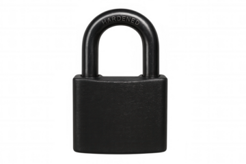 Black hardened padlock representing digital security, protection, and data privacy with transparent isolation
