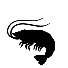 Black silhouette of shrimp isolated on white background, great for seafood logo, restaurant emblem, or marine symbol design in vector style