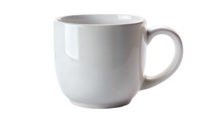 A plain white ceramic mug with a handle, isolated on transparent background, perfect for coffee or tea