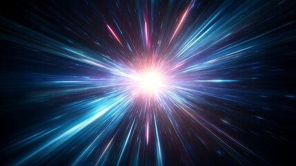 Vibrant blue and red starburst explosion on dark background dynamic cosmic energy burst abstract illustration.