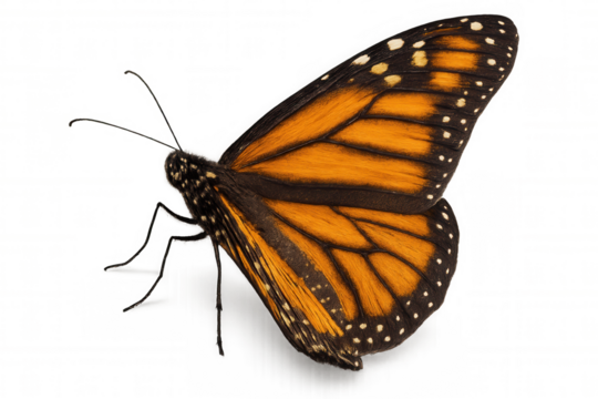 Monarch butterfly in flight, displaying orange wings with black veins and white spots, transparent background