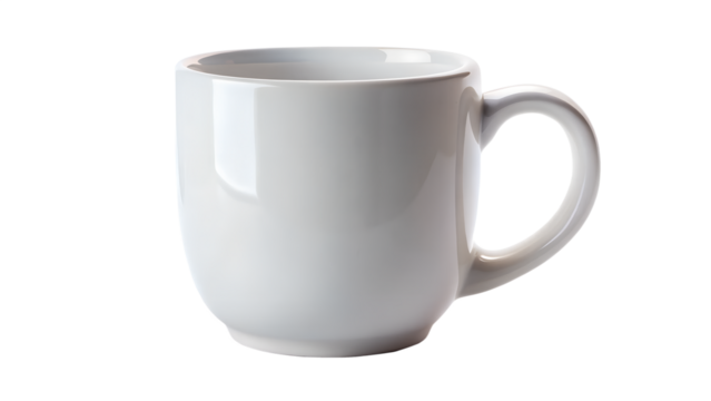 A plain white ceramic mug with a handle, isolated on transparent background, perfect for coffee or tea