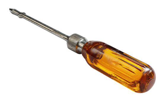 Classic flathead screwdriver with nickel steel blade and translucent amber grip, molded texture and fine wear details, isolated on transparent background
