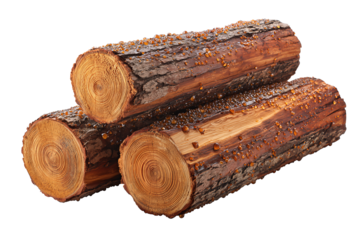 Three pine logs stacked diagonally with partially stripped bark revealing caramel-toned sapwood and resin beads, sawed ends showing clear growth rings, isolated on transparent background
