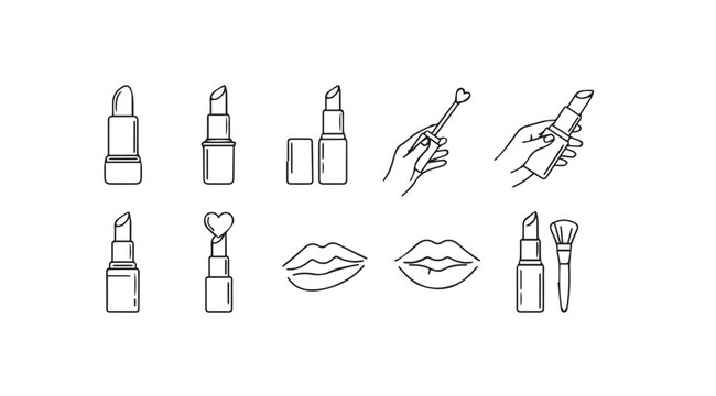 Set of hand-drawn sketch icons representing lipstick application and beauty products vector