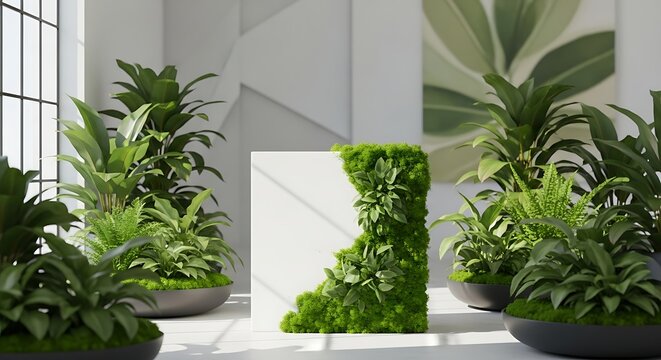 Indoor plants in modern white room with moss covered structure and sunlight from the window filling space