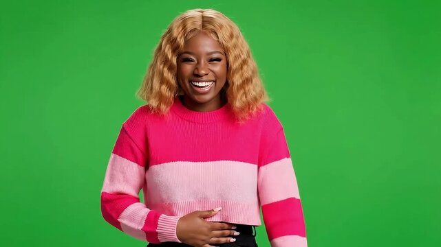 Hilarious woman reacting to comedy with uncontrollable laughter, vibrant and expressive on chroma key green screen backdrop