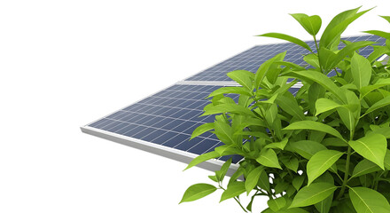 Solar panel, with lush green plant foliage, isolated on white or transparent background. PNG