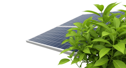 Solar panel, with lush green plant foliage, isolated on white or transparent background. PNG