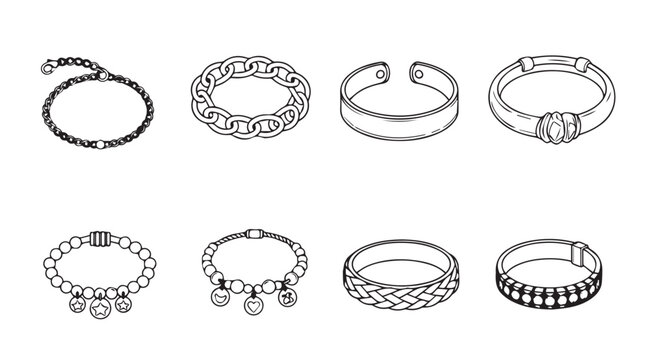 Collection of delicate hand-drawn bracelets and rings featuring diverse designs and textures for fashion accessories vector