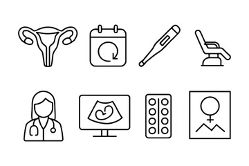 Medical icons for gynecology, pregnancy, and women's health with doctor and ultrasound
