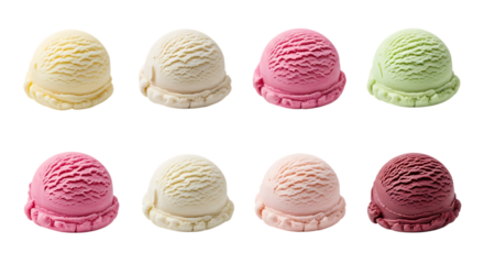 Eight scoops of assorted ice cream flavors, in a grid pattern, isolated on white or transparent background, AI