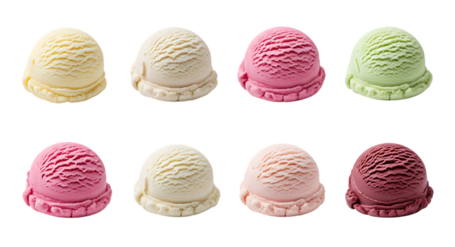 Eight scoops of assorted ice cream flavors, in a grid pattern, isolated on white or transparent background, AI