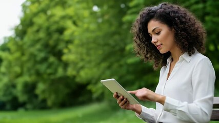 Realistic young woman using tablet in park green trees outdoor daylight - Powered by Adobe