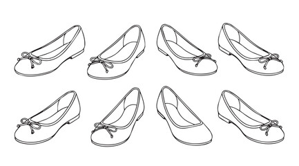 Collection of eight elegant flat ballet shoes with bows hand drawn sketch fashion footwear vector