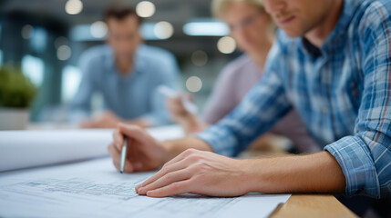 Design team analyzing architectural layouts in an office, smart infrastructure design, engineering innovation in blueprint review, construction technology in planning, sustainable