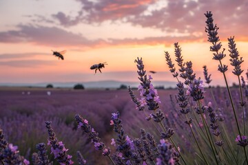 Fototapeta premium Lavender field at sunset with bees flying over the purple flowers